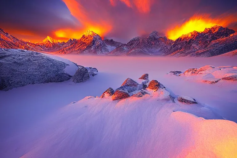 Prompt: amazing landscape photo of explosion in snowy mountains at sunset by marc adamus beautiful dramatic lighting