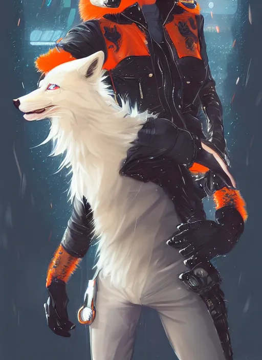 Image similar to award winning beautiful portrait commission of a male furry anthro albino wolf fursona with a tail and a cute beautiful attractive detailed furry face wearing stylish black and orange cyberpunk biker clothes in a cyberpunk city at night while it rains. Character design by charlie bowater, ross tran, artgerm, and makoto shinkai, detailed, inked, western comic book art