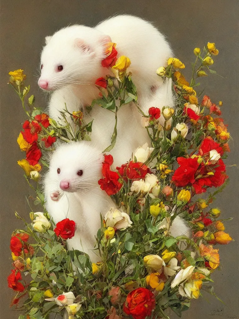 Prompt: A beautiful oil painting of a single albino ferret holding a bouquet of flowers, by Esao Andrews and Warwick Goble.