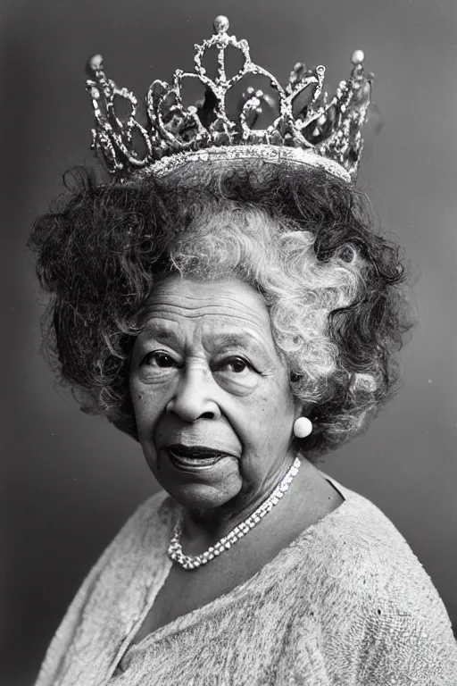 Image similar to a photograph of an elderly black lady with grey curly hair, wearing a crown and clothing of Queen Elizabeth the second, 50mm lens, portrait photography, taken by Robert Capa, studio lighting