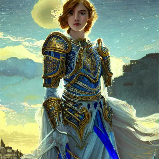 Image similar to portrait knights of Zodiac girl, white and metalic blue color reflected armor, in ruined Agora of Athens starry night, ssci-fi, fantasy, intricate, very very beautiful, elegant, golden light, highly detailed, digital painting, artstation, concept art, smooth, sharp focus, illustration, art by tian zi and WLOP and alphonse mucha