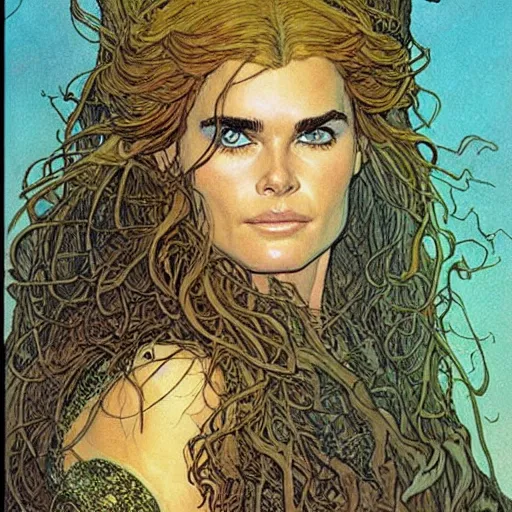 Prompt: a realistic, very beautiful and atmospheric portrait of young brooke shields as a druidic warrior wizard looking at the camera with an intelligent gaze by rebecca guay, michael kaluta, charles vess and jean moebius giraud