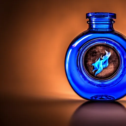 Prompt: blue flame captured in a bottle, 4 k, photography, highly detailed