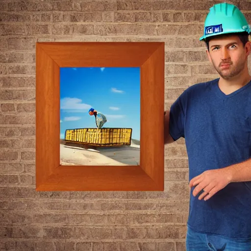 Image similar to an potrait of man with construction hat holding a package, the picture inside a photo frame, oil painting, 4K