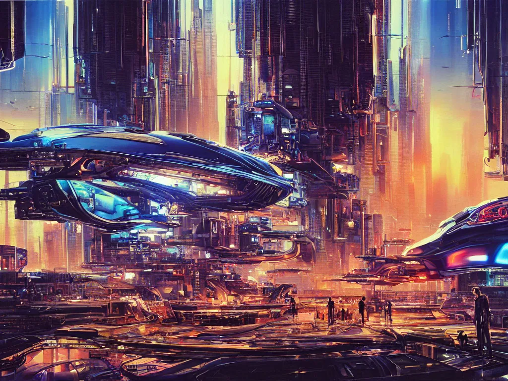 Prompt: hyperrealistic painting of a slice of life from a futuristic city, mechanical designs, futuristic vehicles, technological, detailed engineering, computational, night, vivid color, elegant, meticulous, cinematic, cyberpunk style, highly detailed, realism, intricate, acrylic on canvas, 8 k resolution, concept art, by noriyoshi ohrai, john berkey