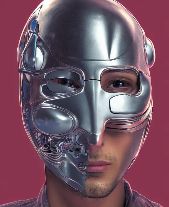 Image similar to a portrait of a young arab man with a cybernetic mask over half of his face by Moebius, 4k resolution, photorealistic