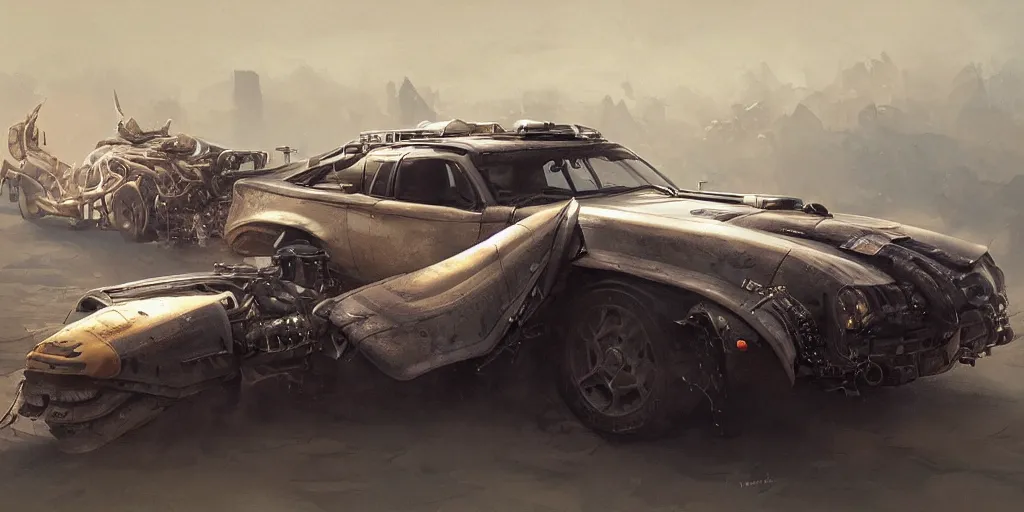 Prompt: full view of a car, intricate, elegant, highly detailed, digital painting, concept art, smooth, sharp focus, art style from wang ke and greg rutkowski and bruce kaiser and scott robertson and dmitry mazurkevich and doruk erdem and jon sibal, small style cue from blade runner and mad max