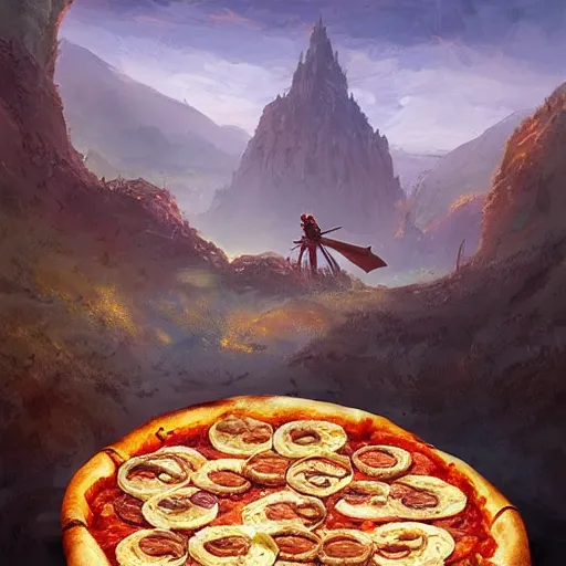 Image similar to ultra realistic illustration of giant made of pizza, pizza body, intricate, fantasy italy, epic landscape, highly detailed, digital painting, artstation, concept art, smooth, sharp focus, illustration, art by tim mcburnie and conar cross and anato finnstark