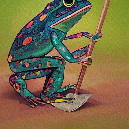 Image similar to a beautiful painting of singular frog digging a garden with a shovel, trending on artstation