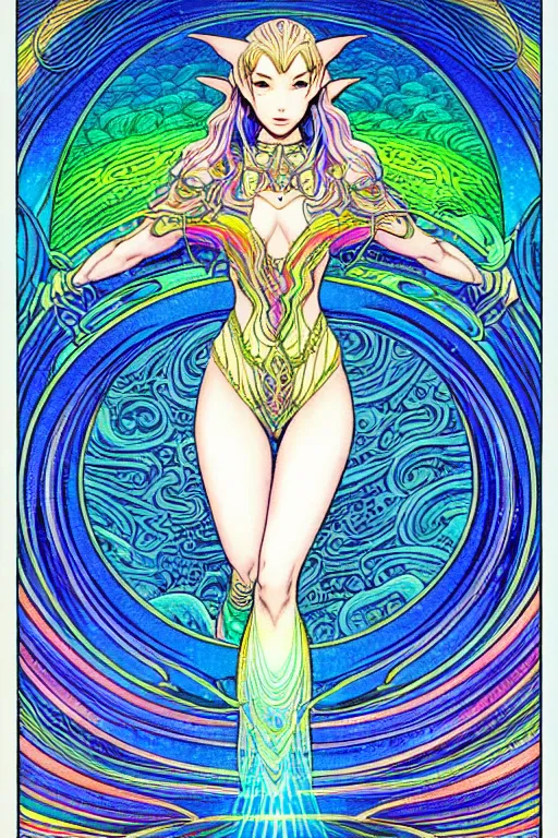 Prompt: illustration of a female elf goddess, prismatic healing waves emanate all around in a healing spring, rainbows, intricate linework, in the style of moebius, ayami kojima, 1 9 9 0's anime, retro fantasy