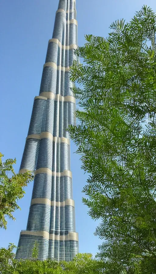 Image similar to the burj khalifa in a beautiful green metropolis surrounded by plants, trees and greenery.