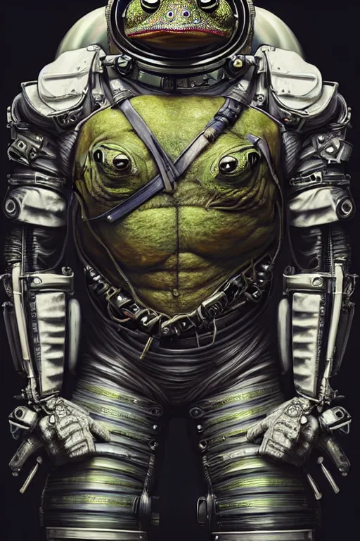 Image similar to a portrait of a muscular anthropomorphic cyberpunk frog in spacesuit armor with ensignia on chest plate by sandra chevrier, by jon foster, detailed render, post - processing, extremely hyperdetailed, intricate, epic composition, cybernetics, 4 k realistic, cryengine, realistic shaded lighting, sharp focus, masterpiece, by enki bilal