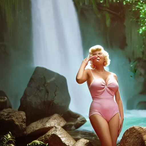 Image similar to a very beautiful sundance award winning image of jayne mansfield blowing a kiss under a tropical waterfall, full body, pale pink bikini, pink lipstick, detailed face, cinematic lightning, golden hour, medium shot, alexa mini, cryengine, raytracing, 4 k, cinematic wallpaper by gil elvgren, robert maguire, rudolf belarski