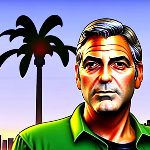 Image similar to george clooney in gta v. los santos in background, palm trees in the art style of stephen bliss