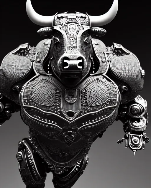 Prompt: a full body shot of an imposing cyborg bull modeled after a bull looking into the camera, contrast lighting, black skin!!!, intricate detailed pattern, hard rubber chest, highly detailed, android, cyborg, full body shot, intricate, 3 d, symmetrical, octane render, fantasy, highly detailed, digital art, artstation, strong bokeh