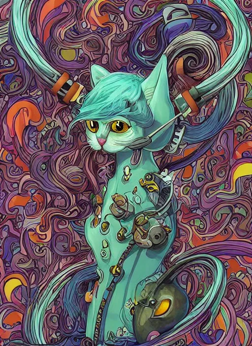Prompt: cat seahorse fursona wearing headphones, autistic bisexual graphic designer and musician, long haired attractive androgynous humanoid, coherent detailed character design, weirdcore voidpunk digital art by artgerm, akihiko yoshida, louis wain, wlop, noah bradley, furaffinity, cgsociety, trending on deviantart