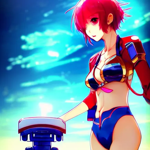 Image similar to digital anime art, wlop, rossdraws, sakimimichan, > > very small cute girl < < standing on a large table, red mech arms and red mech legs,