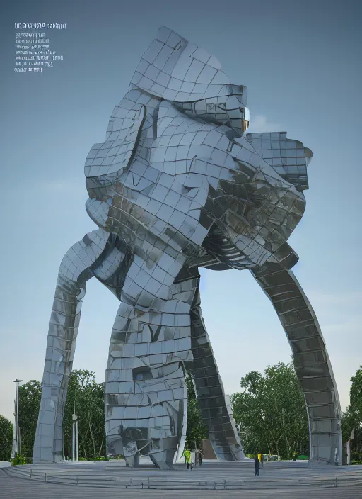 Image similar to highly detailed realistic architecture 3 d render of a futuristic stele monument in frank gehry style standing in city park, archdaily, made in unreal engine 4 octane render