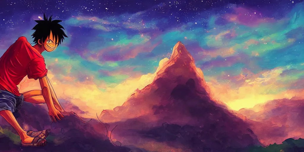 Image similar to luffy, mountain landscape, night sky, digital art, digital painting, celestial, majestic, playful, colorful