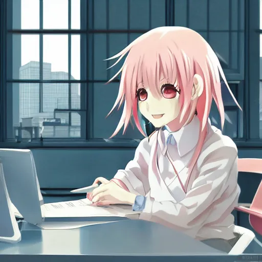 Image similar to high definition anime portrait of an anime girl with pastel colored hair sitting at a desk studying with headphones on, background is a window looking out into a busy Tokyo district, lo-fi art, masterpiece by Naoshi Arakawa, trending on artstation, sharp high quality anime, digital art, photoshop, proportionate, ambient lighting, clear facial festures