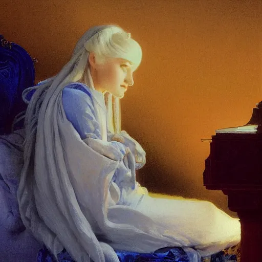 Image similar to a young woman's face, her hair is white and she wears a cobalt blue satin cloak, by ivan aivazovsky and syd mead and moebius and gaston bussiere and roger dean and pieter claesz and paul delaroche and alma tadema and aelbert cuyp and willem claesz, hyperrealistic, volumetric light, octane render