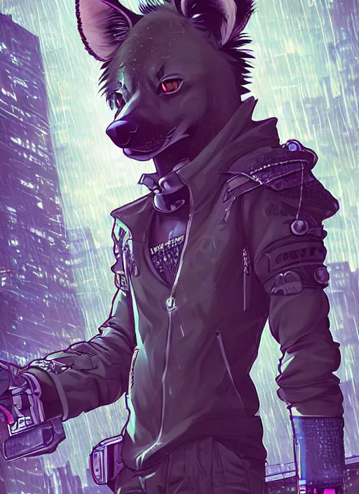 Prompt: character portrait of a male anthro hyena fursona with a tail and a cute beautiful attractive detailed furry face wearing stylish cyberpunk clothes in a cyberpunk city at night while it rains. hidari, color page, tankoban, 4K, tone mapping, Akihiko Yoshida. Nomax, Kenket, Rukis. comic book style, photorealistic, professional lighting, hyperdetailed, high resolution, high quality, dramatic, deviantart, artstation, 4k, real photo