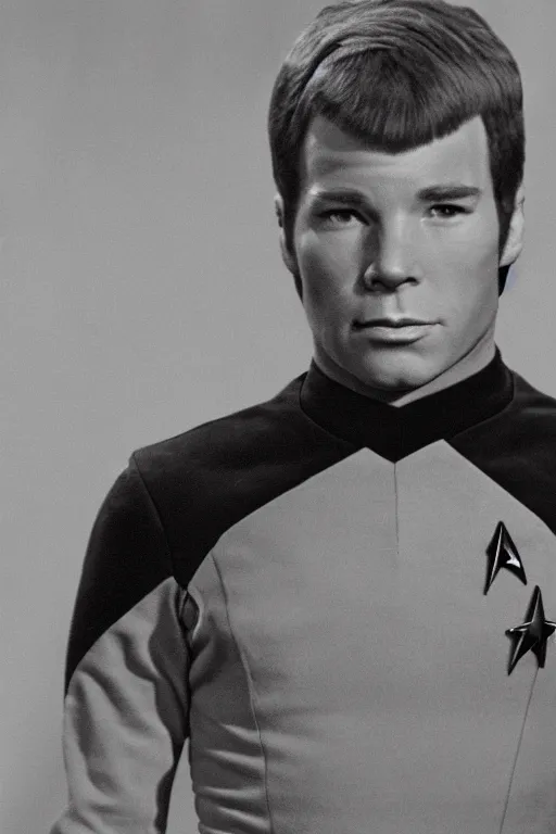 Image similar to full body digital portrait of scrawny captain james t kirk, young william shatner, starfleet uniform, star trek, malnourished, sensual, smooth, elegant, sharp focus, highly detailed