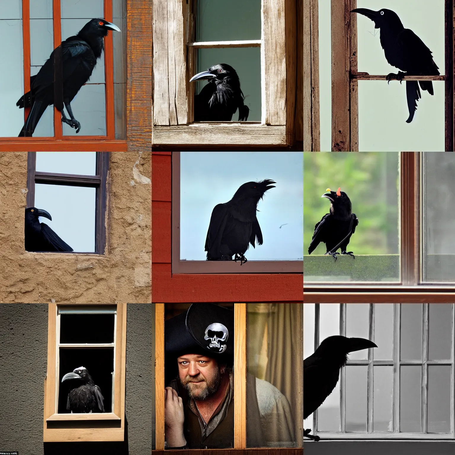 Prompt: a anthropomorphic crow looking like russell crowe with a large pirate hat on its head, peering out concerned down to camera from a small dusty glass window in a wooden wall, 2 0 1 2