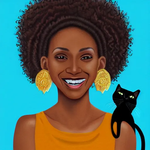 Image similar to an adult black woman, light skin, colorful ornate earrings, curly 3 c black hair, smile on her face, brown eyes, holding her small black bombay cat in the style of alex grey, trending on art station 8 k