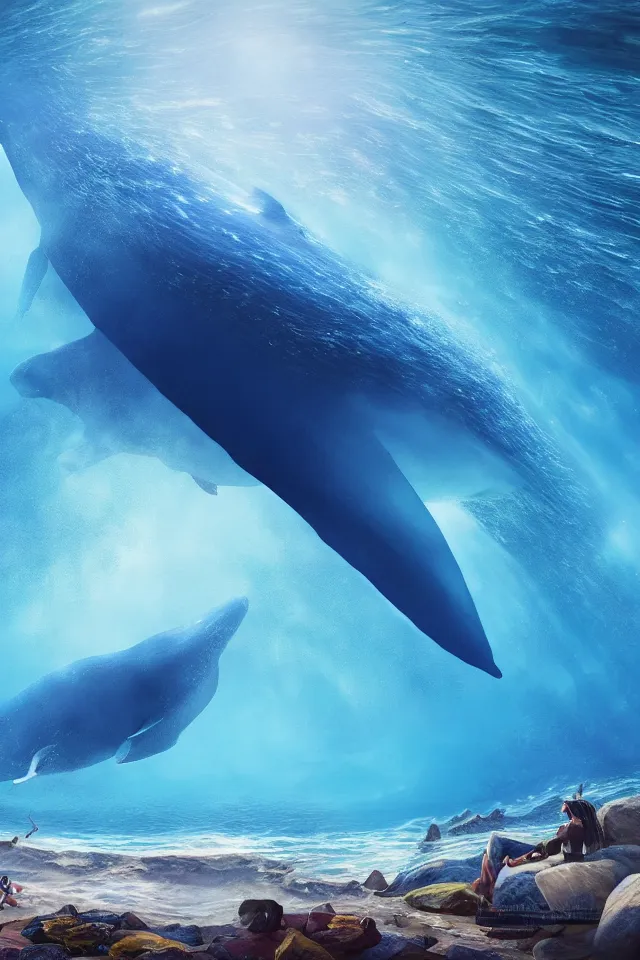 Image similar to under the blue ocean there is a blue whale in the water, the blue whale crystal texture, the dreamy crystal atmosphere ， super wide angle ， matte painting ， rtx on ， trending on cgsociety and artstation, volumetric light ， hyper - realism