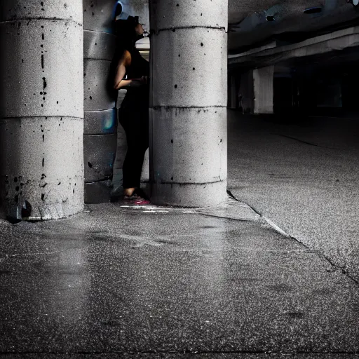 Image similar to photograph of a woman hiding behind a cement pillar, in an underground liminal space, sigma 85mm f/1.4, 4k, depth of field, high resolution, 4k, 8k, hd, full color