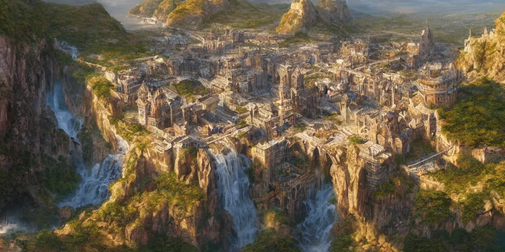 Prompt: Aerial map of a medieval city on top of a giant waterfall, D&D, fantasy, highly detailed, digital painting, artstation, smooth, sharp focus, illustration, art by artgerm and greg rutkowski and james gurney, cinematic, golden hour