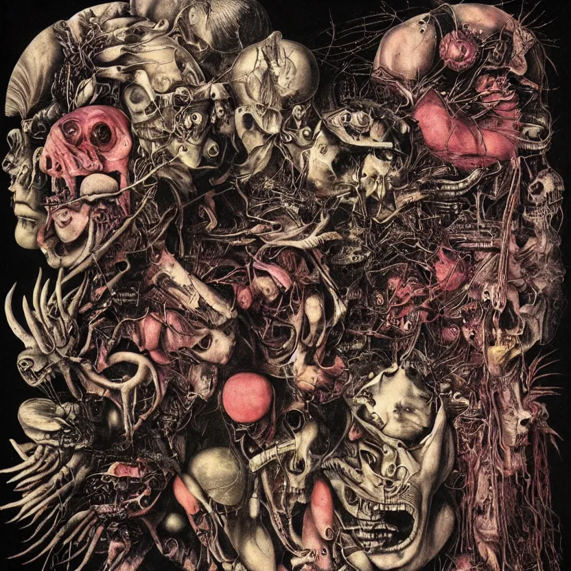 Prompt: post - punk new age album cover, asymmetrical design, alien, magic, apocalypse, psychedelic, highly detailed, black white pink, magic, giger h. r., giuseppe arcimboldo