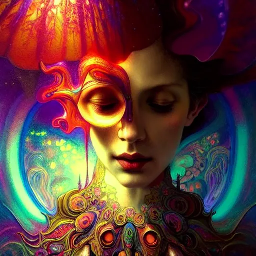 Image similar to An extremely psychedelic experience, colorful, surreal, dramatic lighting, magic mushrooms, psilocybin, LSD, face, detailed, intricate, elegant, highly detailed, digital painting, artstation, concept art, smooth, sharp focus, illustration, art by Krenz Cushart and Artem Demura and alphonse mucha