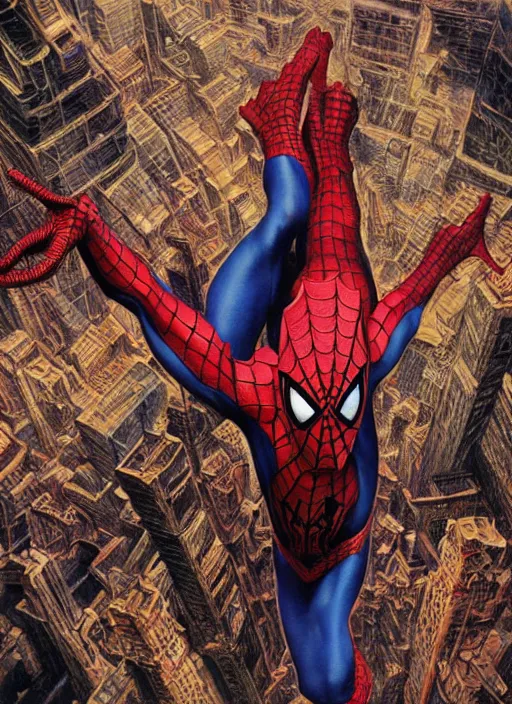 Prompt: detailed image of Spiderman by Ayami Kojima, Amano, Karol Bak, Greg Hildebrandt, and Mark Brooks, rich deep purple colors. Beksinski painting, part by Adrian Ghenie and Gerhard Richter. art by Takato Yamamoto. masterpiece . intricate artwork by Tooth Wu and wlop and beeple, greg rutkowski, very coherent symmetrical artwork, cinematic, hyper realism, high detail, octane render, unreal engine, 8k, Vibrant colors, Smooth gradients, High contrast, depth of field. by Katsuhiro Otomo, full body character drawing, inspired by Evangeleon, clean ink detailed line drawing, intricate detail, extremely detailed. painting by Arthur Rackham, Eugene de Blaas, Frederic Leighton