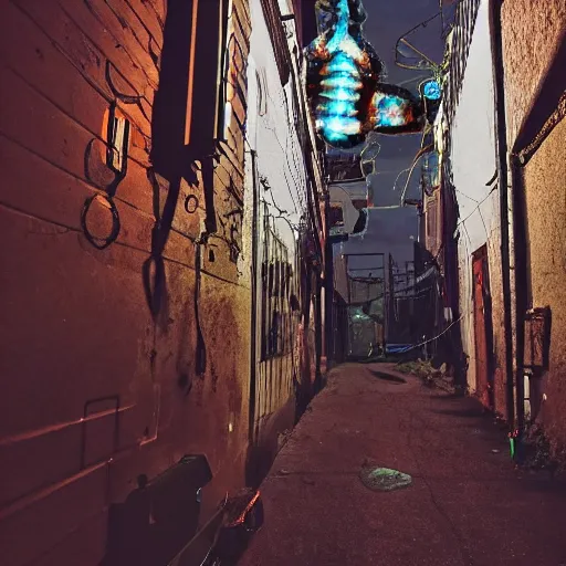 Prompt: some weird trippy freaky stuff happening in a back alley somewhere around dusk