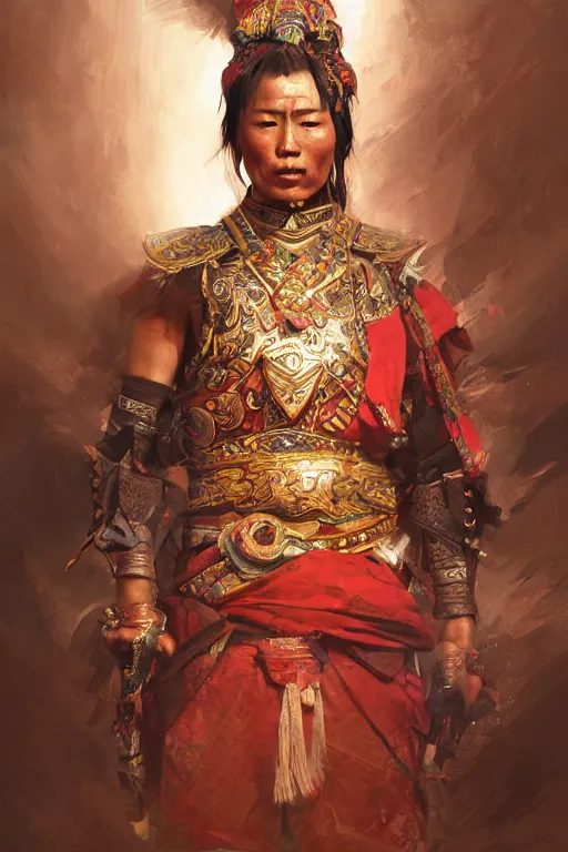 Image similar to Tibetan warrior, portrait, fierce, intricate, elegant, volumetric lighting, scenery, digital painting, highly detailed, artstation, sharp focus, illustration, concept art, ruan jia, steve mccurry