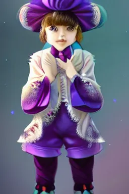 Image similar to Full View fairy maiden with short blond hair wearing an oversized purple Beret, Baggy Purple overall shorts, Short Puffy pants made of silk, silk shoes, a big billowy scarf, Golden Ribbon, and white leggings Covered in stars. covered in embroidery. Short Hair. peasant magic. masterpiece 4k digital illustration by Ruan Jia and Mandy Jurgens and Artgerm and william-adolphe bouguereau, award winning, Artstation, art nouveau aesthetic, Alphonse Mucha background, intricate details, realistic, panoramic view, Hyperdetailed, 8k resolution, intricate art nouveau