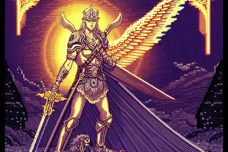 Prompt: odin wielding the divine lance, valkyrie profile game, beautiful detailed pixelart by albertov, intricate details, beautiful, dithered gradients, volumetric lighting, cgsociety, artstation, smooth, sharp focus, 2 d illustration, amazing art by dan mumford, old school computer game graphics, crpg, d & d, pixel art