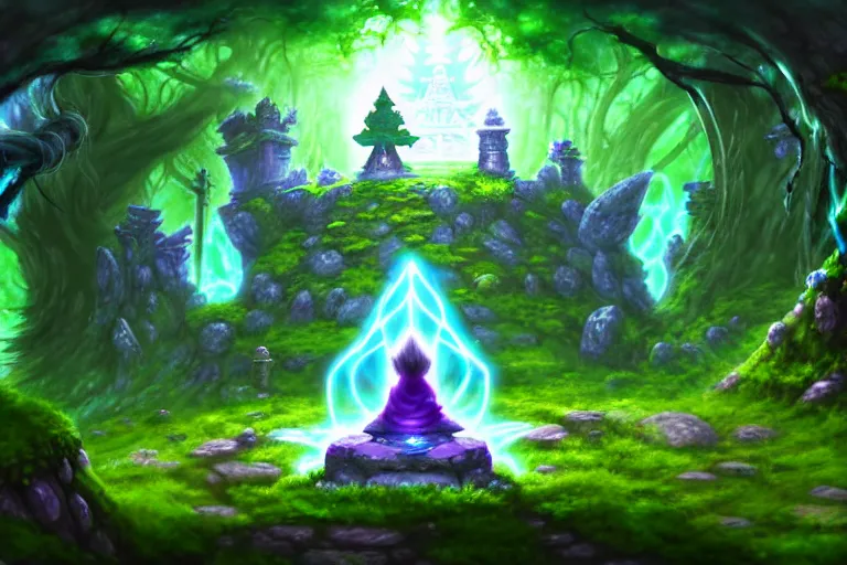 Image similar to a wanderer wearing robes sits in meditation at an ancient shrine. mossy decrepit ruins in a forgotten land. magical leylines emit streaks of various colors of mana streams. a final fantasy concept splash oil painting of a rogue mage absorbing powers from the dungeon depths in an enchanted garden. league of legends splash art