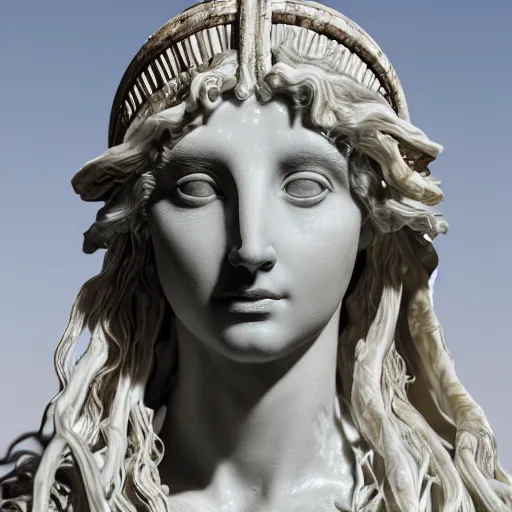 Image similar to a delicate renaissance marble sculpture of the Greek Priestess Medusa covered with water veil, highly detailed transparent marble cloth, gi, global illumination, physically based rendering, photorealistic, top light, dark background