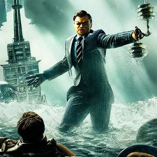 Image similar to movie poster depicting andrew ryan, portrayed by leonardo dicaprio, in a new live - action bioshock movie, the underwater city of rapture is also present, highly detailed face