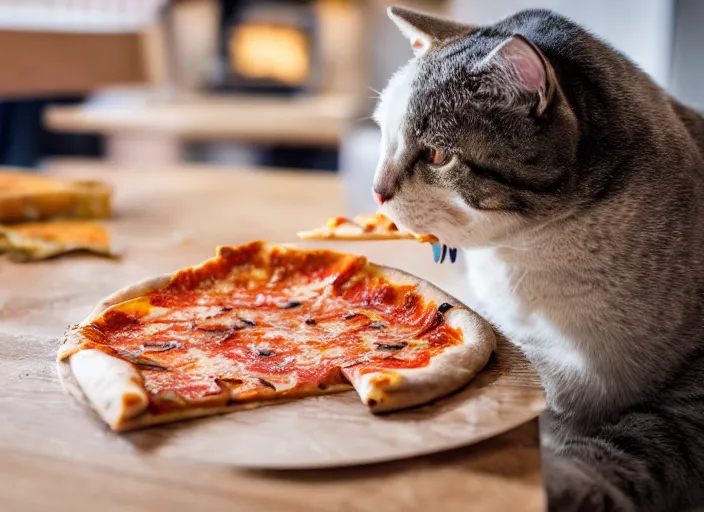 Prompt: photo of a very fat cat angrily eating a slice of cheesy pizza. nikon d 8 5 0 5 5 mm.
