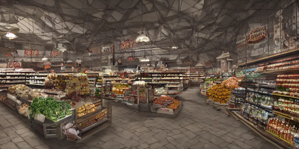 Image similar to deep 3 point perspective, seafood supermarket Inside the three-story gothic museum, dramatic lighting, photorealistic, wolumetric lighting, high detail, cinematic feel, wideshot, high octane, 4K, Unreal Engine, digital render, intricate, ultra realistic