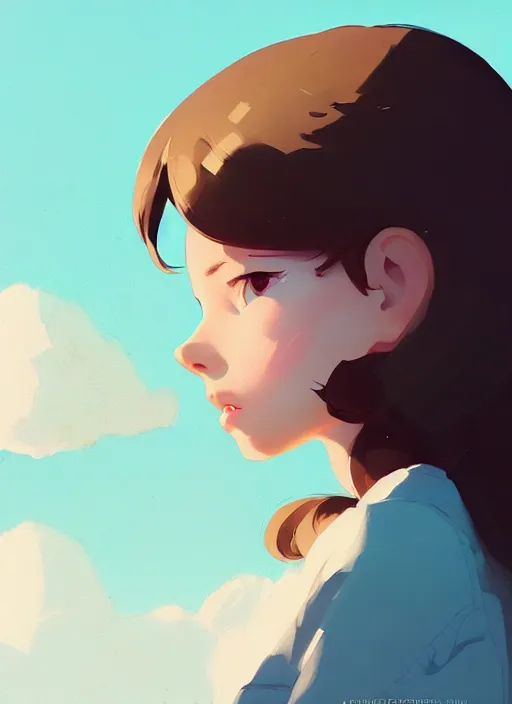 Image similar to portrait of cute girl, cloud sky background, by atey ghailan, by greg rutkowski, by greg tocchini, by james gilleard, by joe gb fenton, by kaethe butcher, dynamic lighting, gradient light blue, brown, blonde cream and white color in scheme, grunge aesthetic