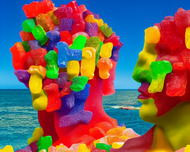 Image similar to a giant sculpture made out of of gummy bears in a human head shape, on the surface of the ocean, in the style of chad knight, long shot, hyper detailed, hyper realistic, ray tracing, 8 k resolution, sharp focus, realistic water, award winning sculpture