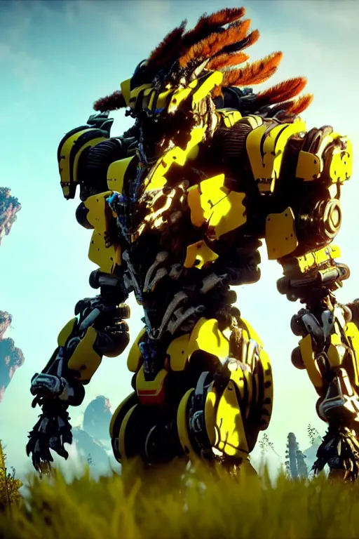 Prompt: a cinematic still from horizon zero dawn, yellow humanoid, yellow bumblebee mech, decepticon armor plating, octane render, nvidia raytracing demo, masterpiece, aged armor plating, aggressive head,