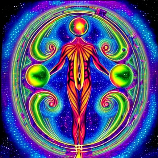 Image similar to A psychedelic silhouette of a human body filled with the universe, planets, stars and galaxies in the style of Alex Grey