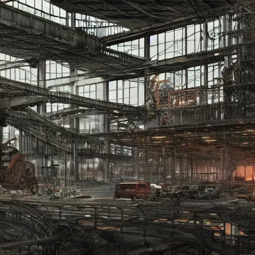 Image similar to immense industrial building interior filled with dark machines of skin bone and wires and arcane devices, hyperdetailed, matte painting