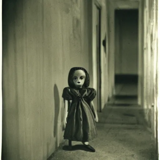 Image similar to creepy vintage doll in darkly lit hallway photo by william mortensen